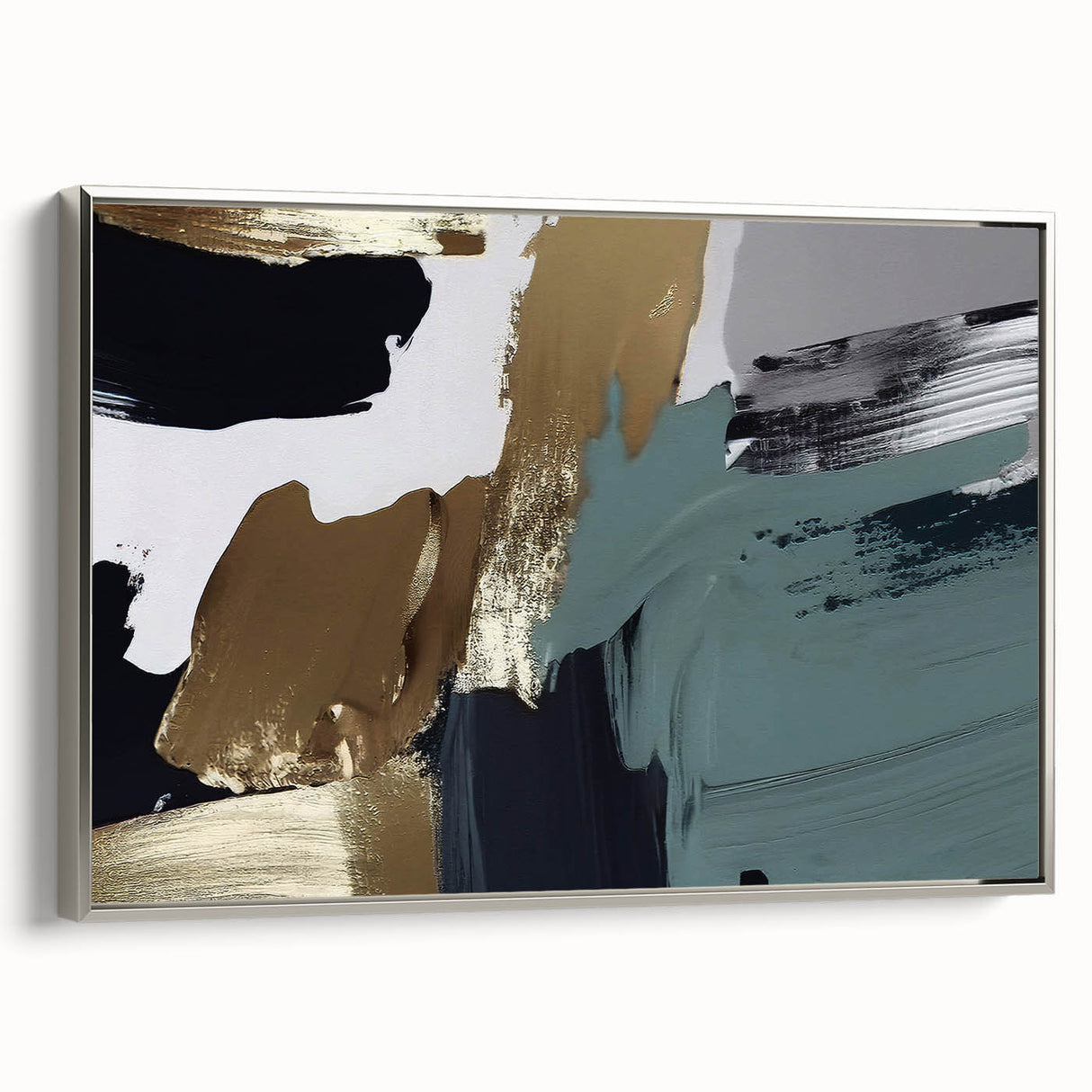 Framed canvas wall art showcasing an abstract design with silver strokes and lines, ideal for modern decor, emphasizing elegance and sophistication in home interiors.