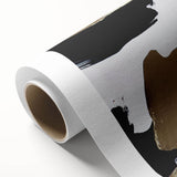 Abstract strokes and lines design on rolled canvas, showcasing a vibrant color palette of blues and oranges, ideal for modern home decor or art collection.