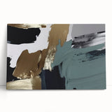 Abstract wall art featuring vibrant strokes and lines in shades of blue, orange, and yellow, displayed as a stretched canvas leaning against a wall, perfect for modern decor.