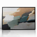 Framed wall art featuring an abstract design of colorful strokes and lines in shades of blue, yellow, and black, ideal for modern home decor.