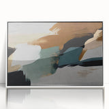 Framed wall art showcasing an abstract design with colorful strokes and lines, presented in a sleek white frame, adding a modern touch to any decor.