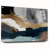 Abstract acrylic wall art featuring strokes and lines in vibrant colors, displayed in a sleek glass frame with decorative pins, perfect for modern decor.