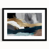 Abstract strokes and lines wall art design in a black frame with a mat, showcasing a modern aesthetic suitable for contemporary decor. Perfect for enhancing living spaces.