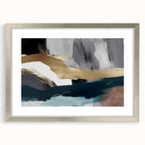 Abstract wall art featuring dynamic strokes and lines in a silver frame with a white mat, ideal for modern decor. Perfect for enhancing contemporary interiors.