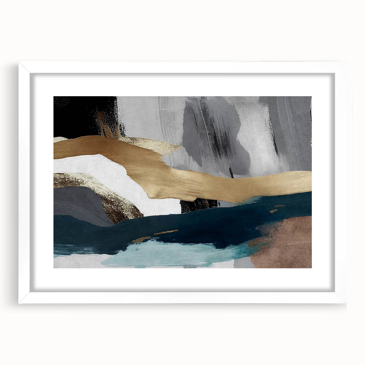 Abstract wall art featuring dynamic strokes and lines in neutral tones, framed with a white mat, perfect for modern home decor. Ideal for enhancing living spaces with contemporary elegance.