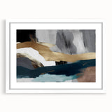 Abstract wall art featuring dynamic strokes and lines in neutral tones, framed with a white mat, perfect for modern home decor. Ideal for enhancing living spaces with contemporary elegance.