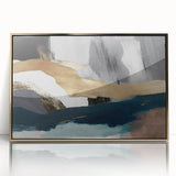 Framed wall art featuring an abstract design of gold strokes and lines on a textured background, perfect for modern decor. Ideal for adding elegance to any room.