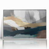 Framed wall art featuring an abstract design of colorful strokes and lines, set against a white background, perfect for modern home decor.