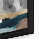 Close-up of a framed abstract wall art piece showcasing vibrant strokes and lines in shades of blue, gold, and white, perfect for modern home decor.