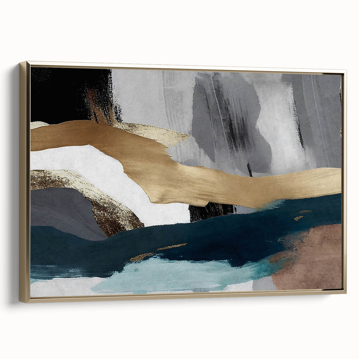 Framed wall art featuring an abstract design of gold strokes and lines on a textured canvas, showcasing a modern aesthetic suitable for contemporary decor.