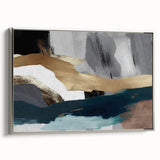 Framed wall art featuring an abstract design of colorful strokes and lines, showcased with a sleek silver frame, enhancing modern decor aesthetics. Perfect for contemporary living spaces.