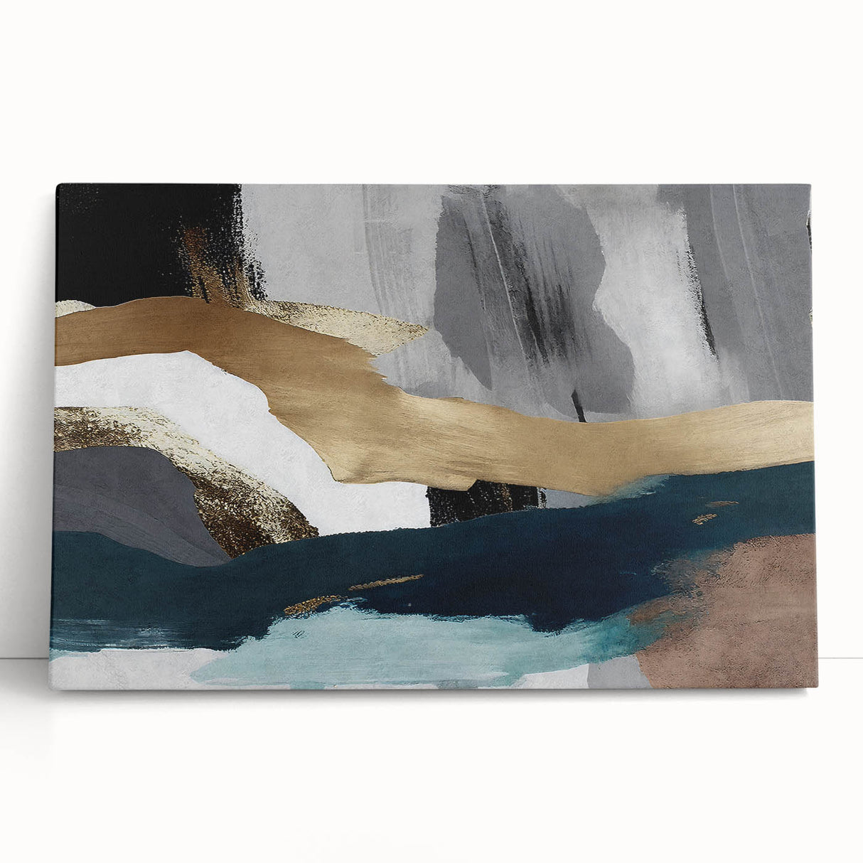 Abstract strokes and lines in vibrant colors create a modern art piece on stretched canvas, perfect for contemporary home decor. The artwork features a blend of blue, orange, and yellow hues, adding a dynamic touch to any interior space.