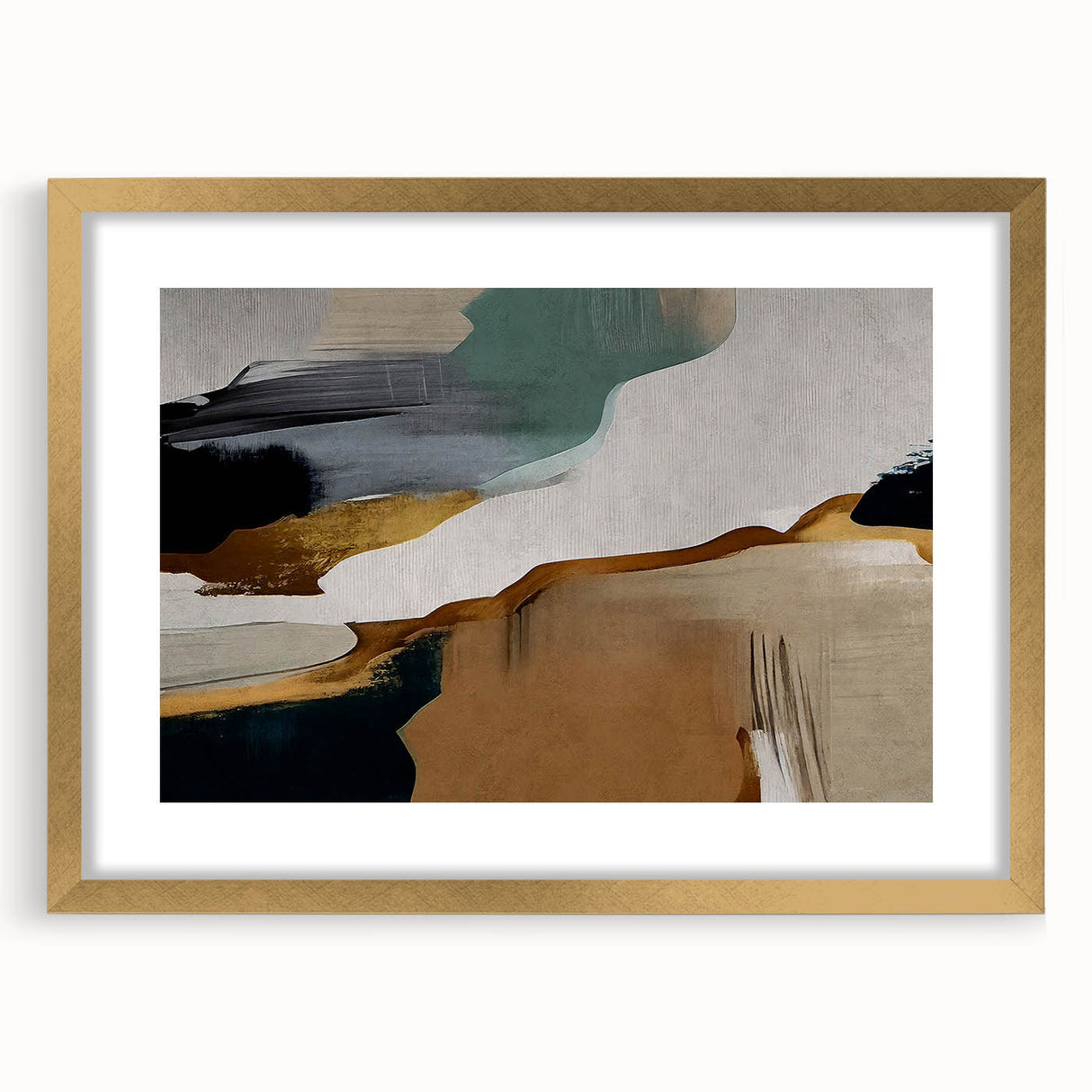 Abstract wall art featuring bold strokes and lines in a modern design, framed with a gold mat, showcasing a sophisticated aesthetic for contemporary decor.