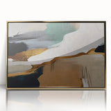 Framed abstract wall art featuring elegant strokes and lines in gold and white, designed to enhance modern interiors with a touch of sophistication.