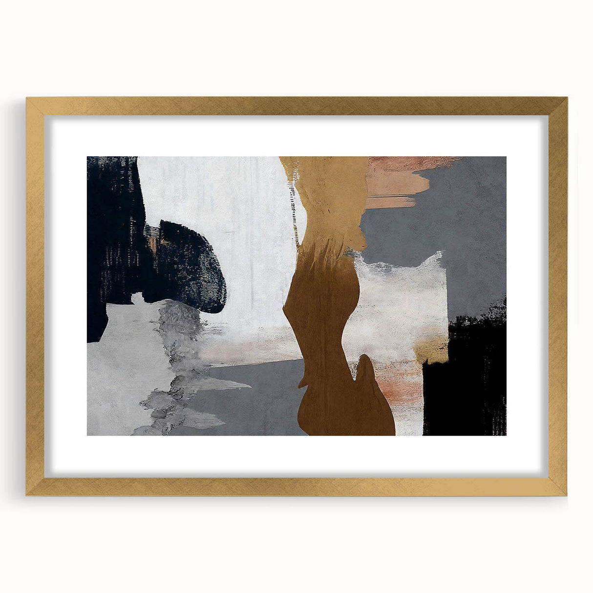 Abstract strokes and lines design wall art featuring a gold frame with mat, showcasing a modern aesthetic ideal for contemporary home decor. Perfect for adding elegance to any room.