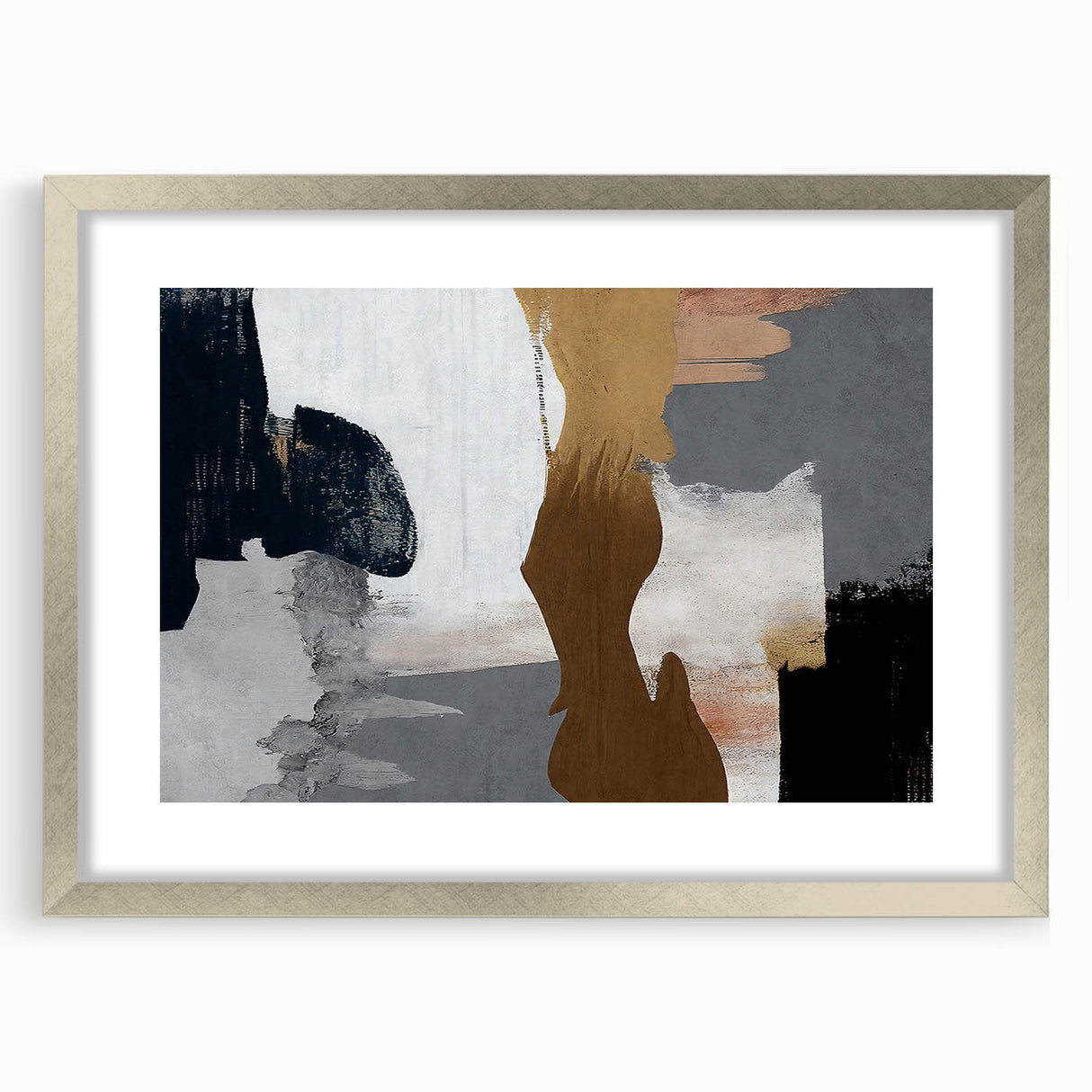 Abstract wall art featuring dynamic strokes and lines in a silver frame with matting, ideal for modern decor. Perfect for adding a contemporary touch to any room.