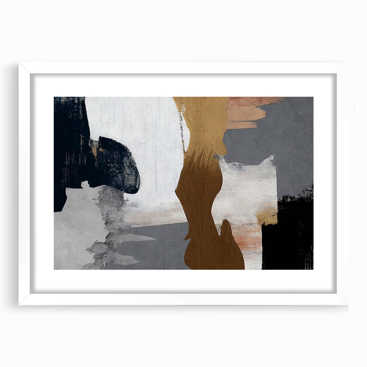 Abstract strokes and lines design wall art in a white frame with a mat, showcasing a modern aesthetic perfect for contemporary home decor.