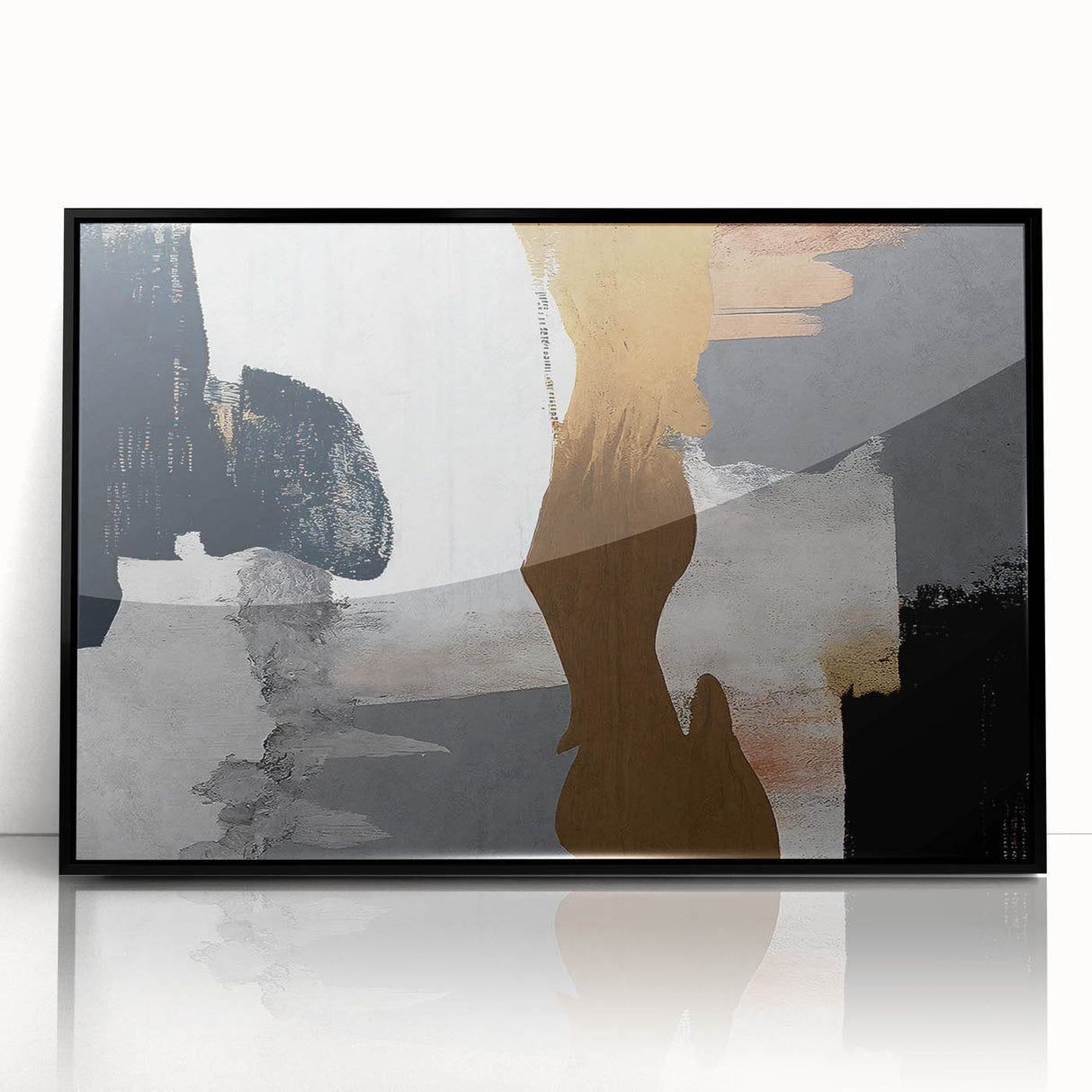 Framed wall art featuring an abstract design with bold strokes and lines in black, showcasing a modern aesthetic ideal for contemporary decor.