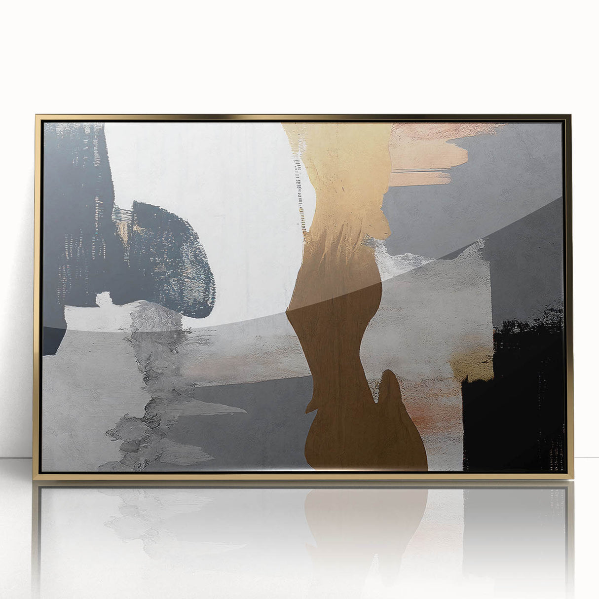 Framed abstract wall art featuring dynamic strokes and lines in gold and black, adding a modern touch to home decor. Perfect for contemporary interior designs.