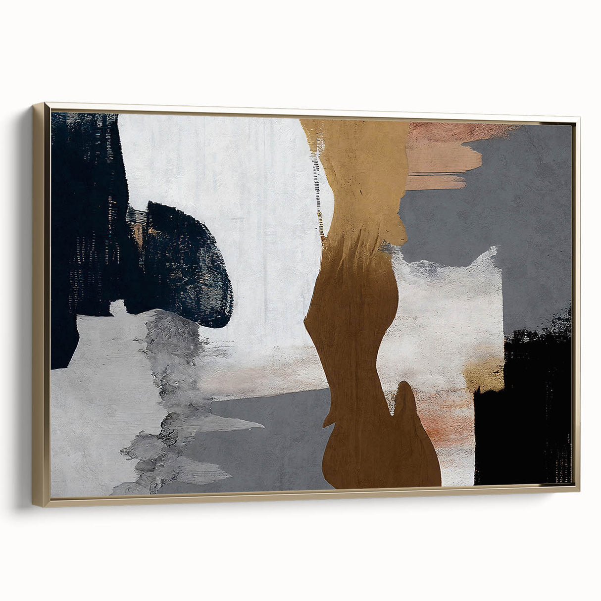 Framed canvas wall art showcasing an abstract design of gold strokes and lines, elegantly displayed at a side angle, perfect for modern interior decor.