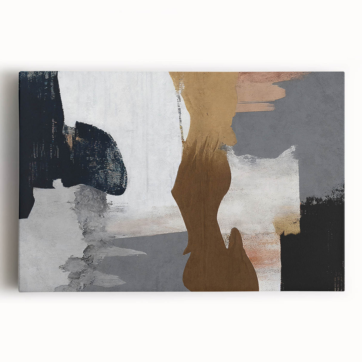 Abstract wall art featuring vibrant strokes and lines in shades of blue, orange, and yellow, designed for modern home decor, showcased in a stretched canvas format.