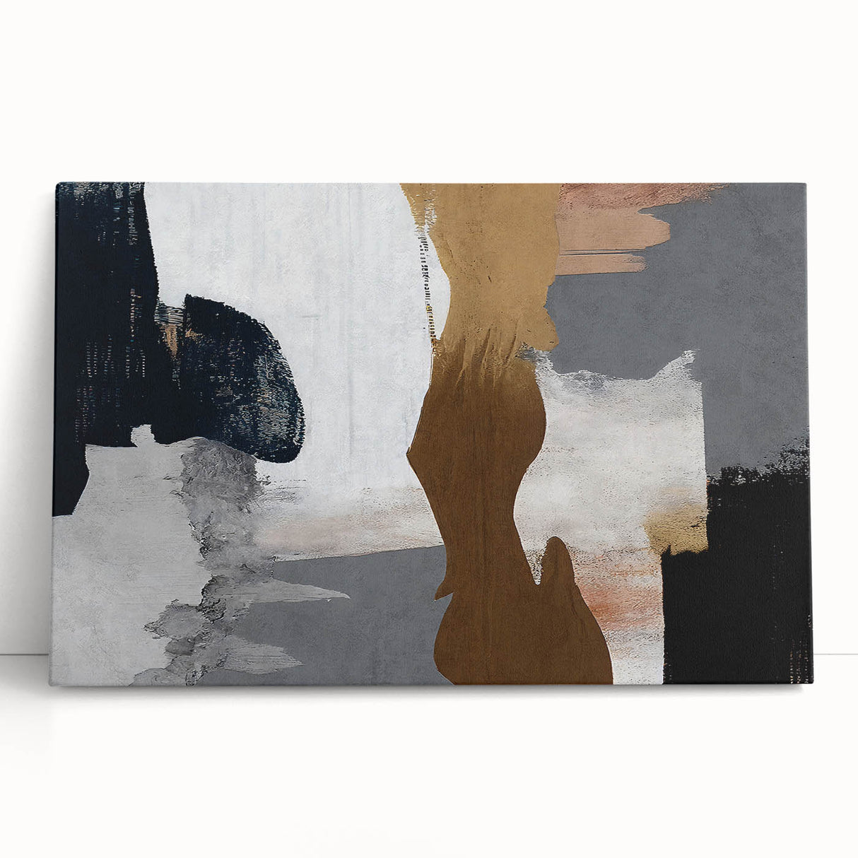 Abstract wall art featuring vibrant strokes and lines in shades of blue, orange, and yellow, displayed on a stretched canvas, perfect for modern decor.