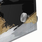 Close-up of an abstract wall art piece showcasing vibrant strokes and lines in a mix of blues, greens, and yellows, designed for modern home decor. This acrylic glass artwork enhances any space with its dynamic colors and unique composition.