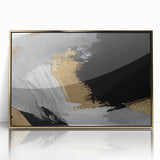 Framed wall art featuring an abstract design of strokes and lines in vibrant colors with a sleek gold frame, ideal for modern home decor and artistic interiors.