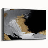 Framed canvas artwork showcasing an abstract design with colorful strokes and lines, set against a black background, perfect for modern home decor.
