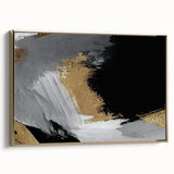 Framed wall art showcasing an abstract design of golden strokes and lines on a textured canvas, viewed from the side, perfect for modern decor.
