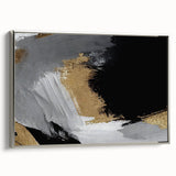 Framed canvas wall art showcasing an abstract design of strokes and lines in silver tones, adding a modern touch to home decor. Displayed in a side view to highlight its sleek profile.