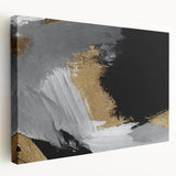 Abstract wall art featuring vibrant strokes and lines in shades of blue, orange, and yellow, displayed as a stretched canvas with a sleek side view, perfect for modern decor.