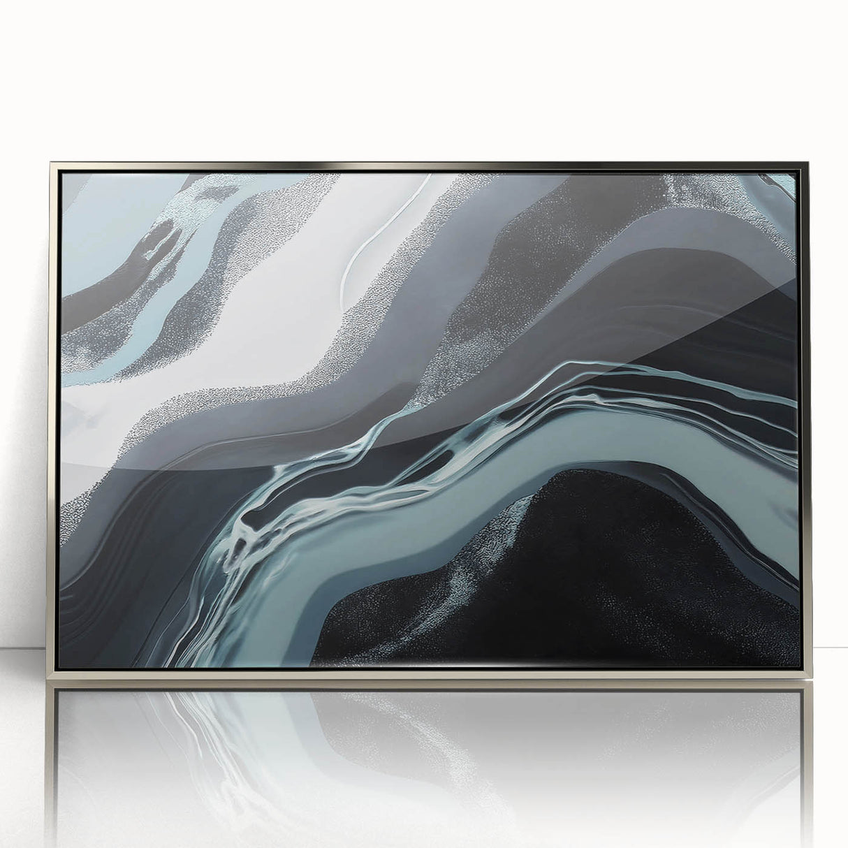 Framed wall art featuring an abstract design of strokes and lines in various shades of blue and silver. Ideal for modern home decor, enhancing any living space with its sleek aesthetic. The artwork has a polished acrylic finish that reflects light beautifully, creating a dynamic visual impact.