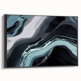 Framed abstract wall art showcasing dynamic strokes and lines in a modern design, featuring a black frame with a side view perspective, ideal for contemporary decor.