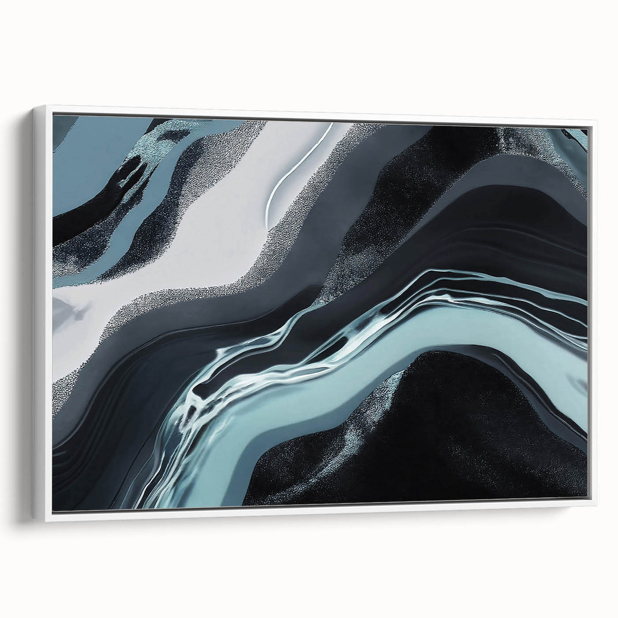 Framed canvas wall art showcasing an abstract design of colorful strokes and lines, featuring a modern aesthetic with a white frame, ideal for contemporary decor.