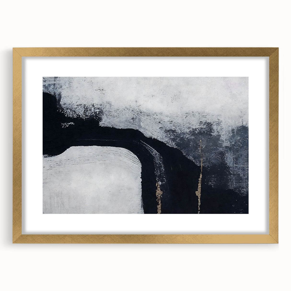 Abstract wall art featuring a collection of gold, black, and white strokes and lines, elegantly framed with a mat for a modern aesthetic. Ideal for contemporary home decor.