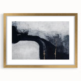 Abstract wall art featuring a collection of gold, black, and white strokes and lines, elegantly framed with a mat for a modern aesthetic. Ideal for contemporary home decor.