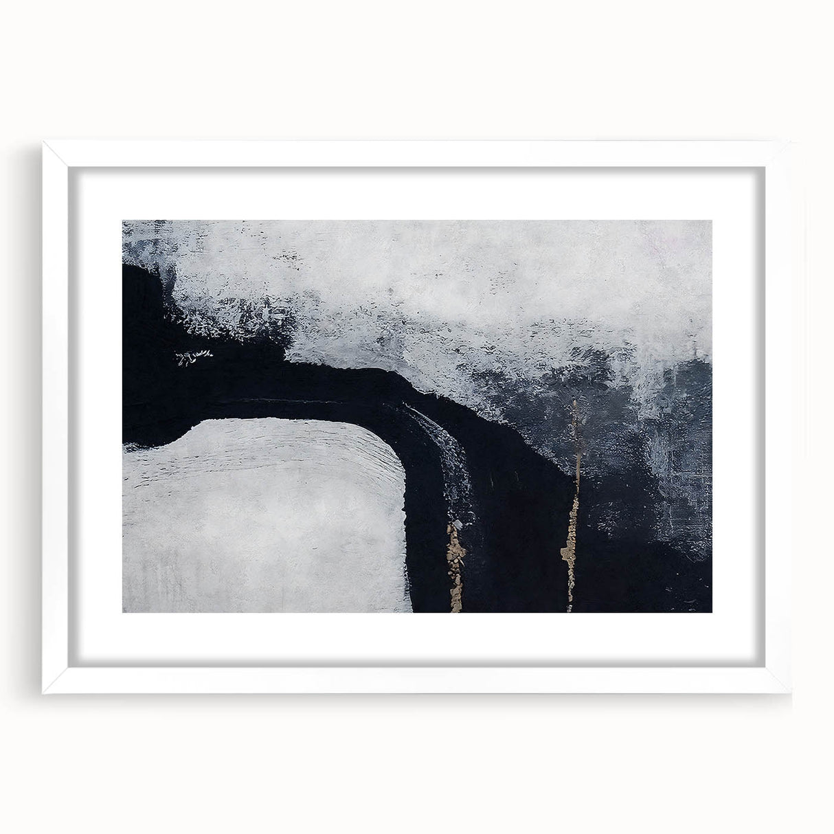 Abstract wall art featuring dynamic strokes and lines in a minimalist design, framed with a white mat, perfect for modern home decor. This piece adds a touch of elegance and creativity to any interior space.