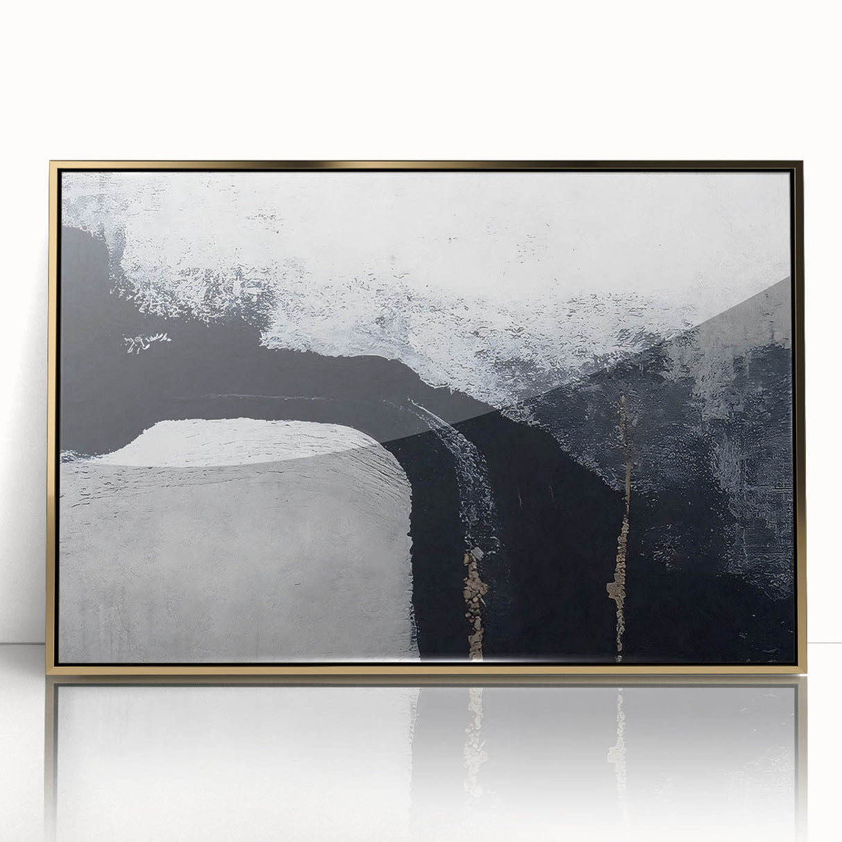 Framed abstract wall art featuring elegant strokes and lines in gold and black, designed to enhance modern interiors with a sophisticated touch.