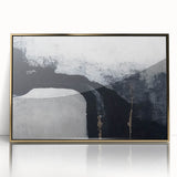 Framed abstract wall art featuring elegant strokes and lines in gold and black, designed to enhance modern interiors with a sophisticated touch.