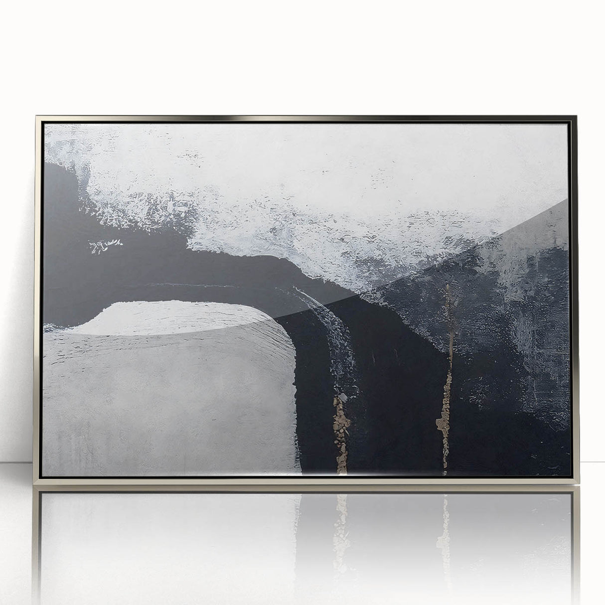 Framed abstract wall art featuring silver strokes and lines, designed to enhance modern decor. Perfect for elegant living spaces or offices, adding a touch of sophistication.