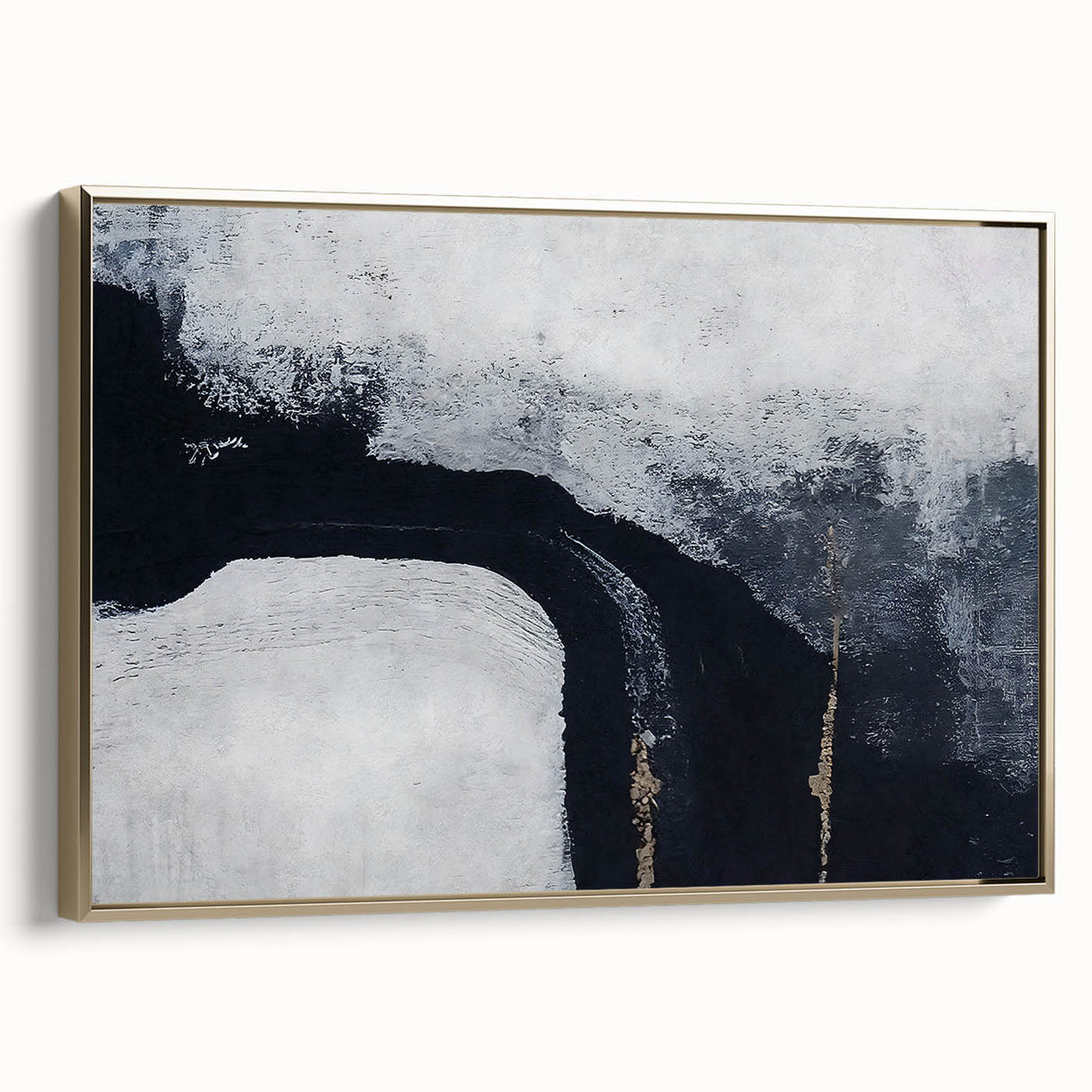Framed canvas wall art showcasing an abstract design of gold strokes and lines, elegantly displayed from a side view, perfect for modern home decor.