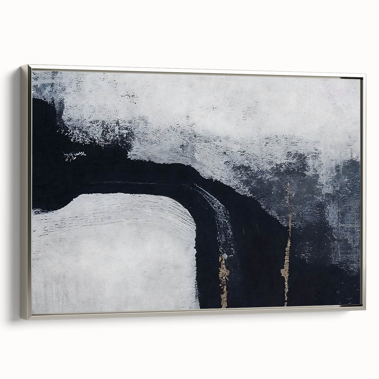 Framed canvas artwork showcasing an abstract design of colorful strokes and lines, featuring a sleek silver frame, perfect for modern home decor.