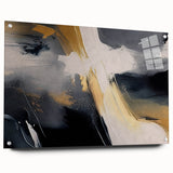 Acrylic glass wall art design showcasing abstract strokes and lines in vibrant colors, elegantly displayed with visible pins, ideal for modern decor.