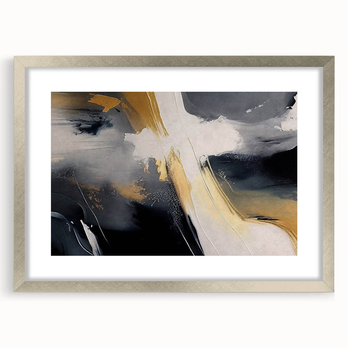 Abstract strokes and lines create a vibrant wall art design in a silver-framed mat. This contemporary artwork enhances modern decor with its colorful patterns and artistic flair.