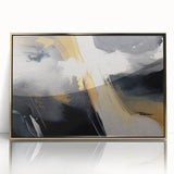 Framed wall art featuring an abstract design of gold strokes and lines on an acrylic background, ideal for modern decor, adding elegance to any space.