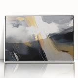 Framed acrylic wall art featuring an abstract design of colorful strokes and lines against a white background, ideal for modern home decor.