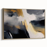 Framed canvas wall art showcasing an abstract design of gold strokes and lines, highlighting a modern aesthetic against a sleek backdrop, ideal for contemporary decor.
