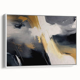 Framed canvas wall art featuring an abstract design of colorful strokes and lines in a modern style, displayed from a side view against a white background.
