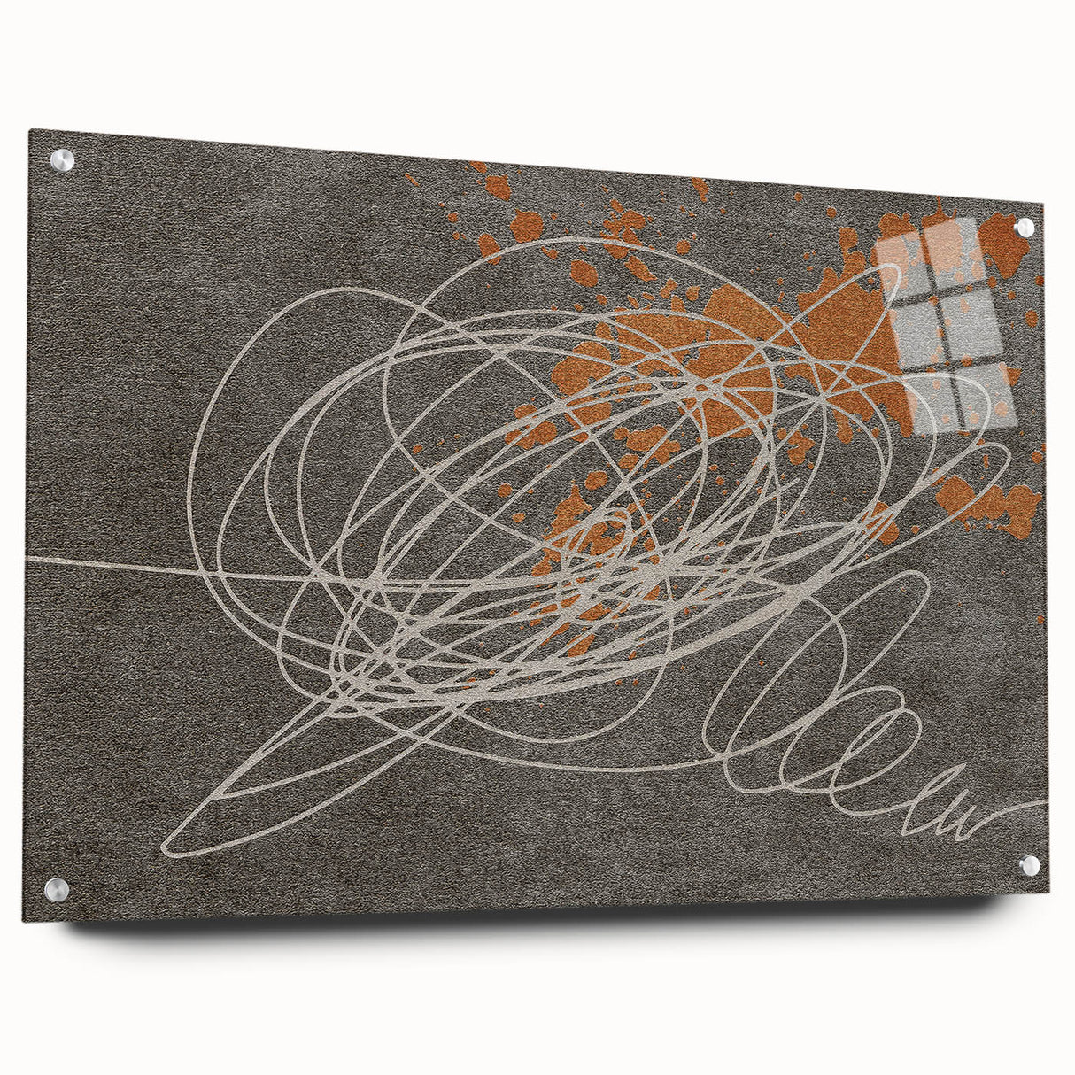 Abstract wall art design showcasing vibrant strokes and lines in bold colors, set in a sleek acrylic frame with visible mounting pins, perfect for modern decor.